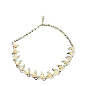 Retro Mid Century Modern Necklace Silver Tone and Mother of Pearl. JB5